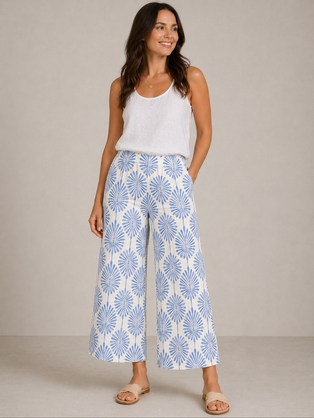 Joie  Linen Wide Leg Cropped Pants White Blue Palm Print Size M